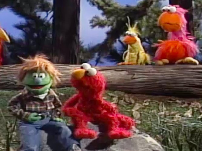 Elmo sitting on a rock with another Muppet