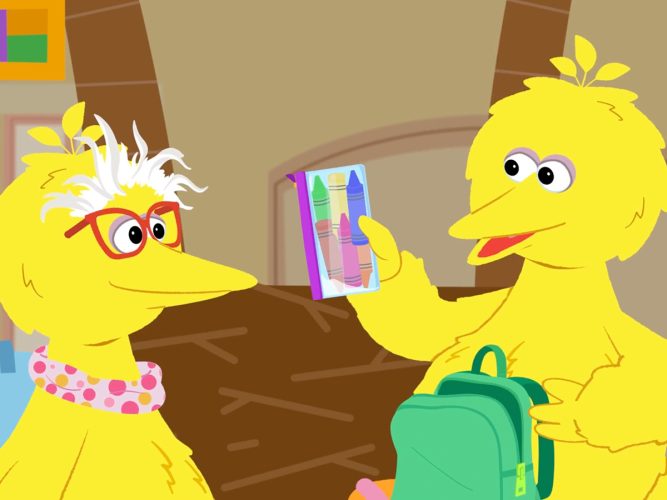 An animation of Big Bird and Granny Bird