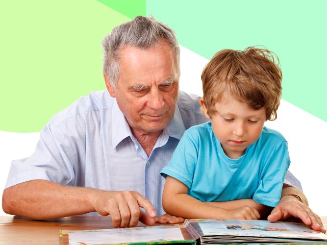 A grandparent reading to their grandchild.