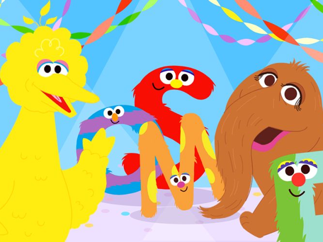 Big Bird and Snuffy pose with Letters