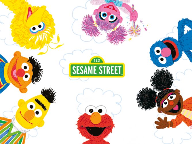 Elmo, Grover, Gabrielle, Bert, Ernie, Big Bird and Abby.