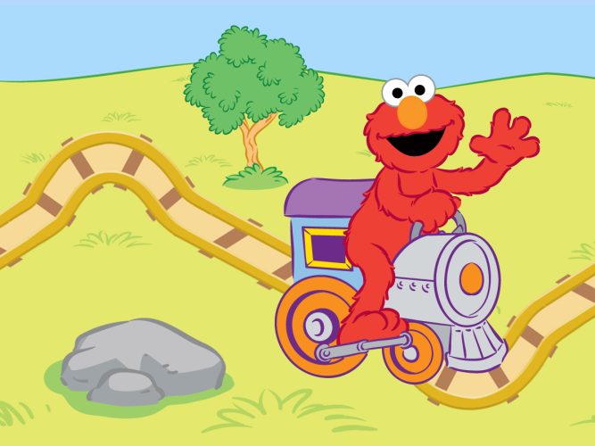An animation of Elmo on a train