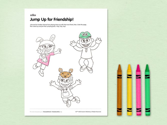 Jump Up for Friendship coloring sheet.