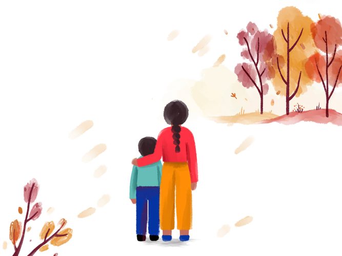 A caregiver and a child outside.