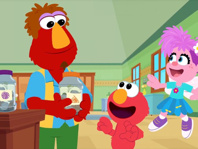 Louie holding a saving jar with Abby and Elmo looking on.