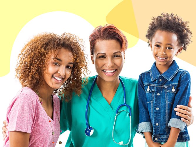 A doctor and a child with a caregiver.