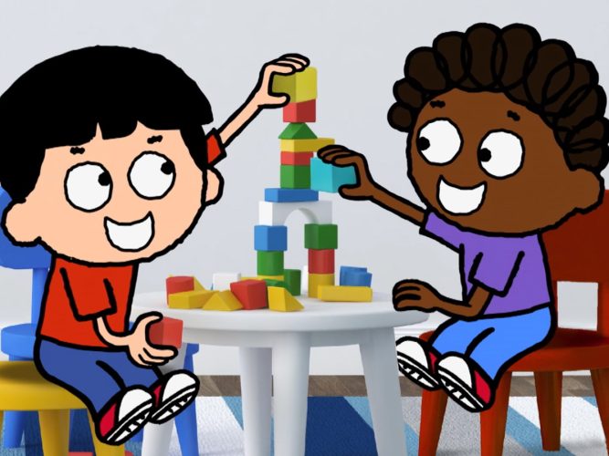 Two animated children playing with blocks.