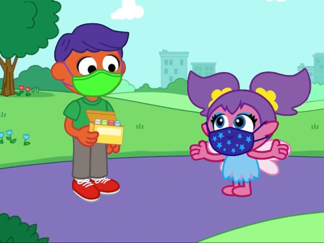 Abby talking to a friend in a mask.