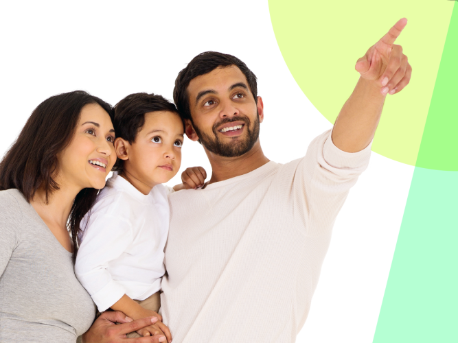 A family with one parent pointing.
